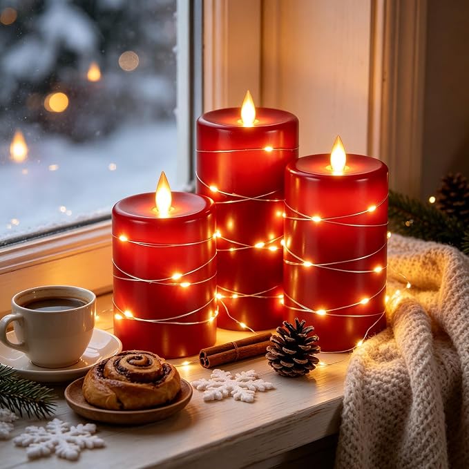 3 Pack Red Real Wax Flameless Taper Candles, Realistic Flickering LED Candles with Surrounding Fairy String Lights, Soft Warm Battery Candle Lights with Remote for Holiday Wedding Indoor Outdoor Decor