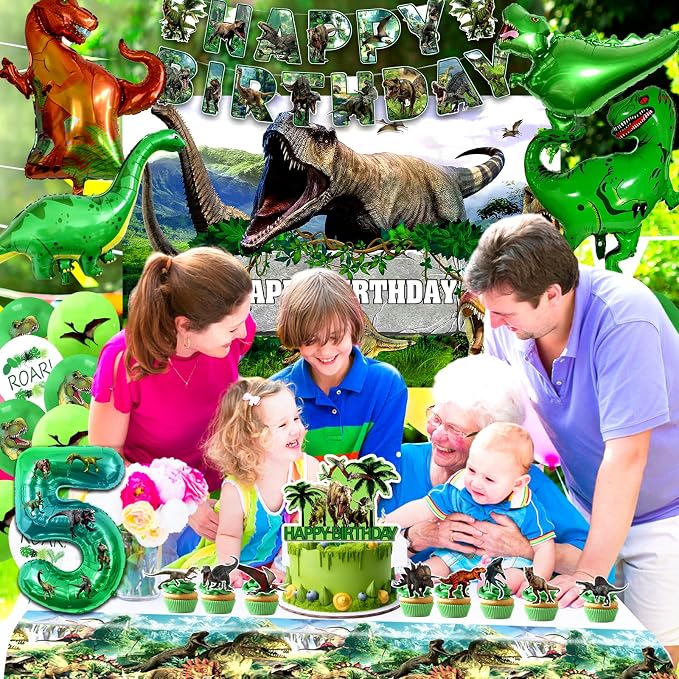 Dinosaur Birthday Decorations,Dino Theme Party Supplies&Decorations,Dinosaur 5th Birthday Party Supplies Include Banner, Backdrop, Tableware Set, Tablecloth, Cake Toppers, Balloons