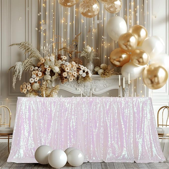 Poise3EHome Iridescent White Sequin Tablecloth 60×102 Inch Rectangle Sparkly Fabric Table Cloth for Birthday Wedding Party Holiday Baby Shower Christmas Decoration