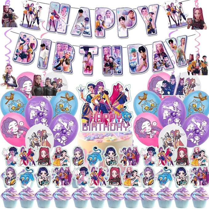 48Pcs Demon Movie Hunters Birthday Party Supplies, Party Decorations Set Include Banner, Balloons, Hanging Swirls, Cake Cupcake Toppers, Tablecloth for Boys Girls Demon Hunters Theme Party
