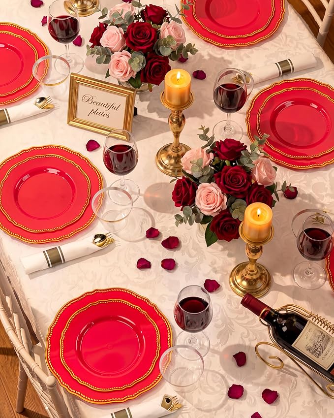 Hioasis 350pcs Red Gold Plastic Plates - Red Plastic Dinnerware Set Includes 50 Dinner Plates, 50 Dessert Dinnerware, 50 Cups, 50 Pre-rolled Napkins Perfect for Wedding & Party &Mother’s Day