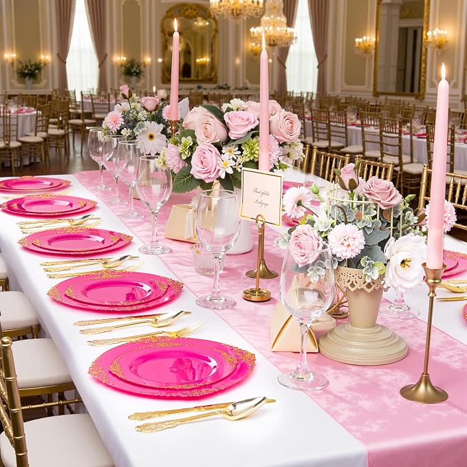 125PCS Hot Pink Plastic Plates - Pink Disposable Plate - Elegant Party Plates with Gold Plastic Silverware Sets for 25 Guests for Wedding & Birthday Party & Baby Shower