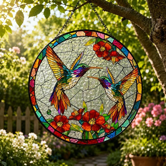 Humming Bird Stained Glass Suncatcher 6x6'' – Hummingbird Gifts for Women, Home Decor, Birthday, Christmas