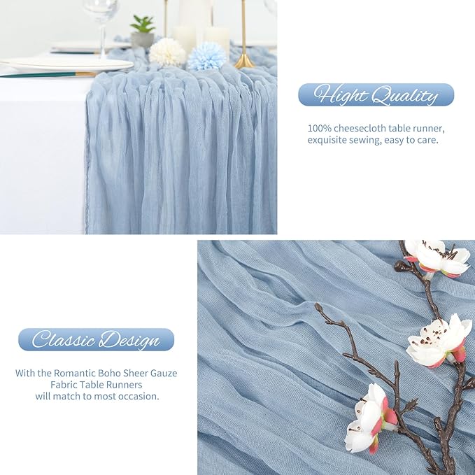 10 Pack Dusty Blue Cheesecloth Table Runner 10FT Boho Romantic Gauze Table Runner 20 x 120 Inch Rustic Sheer Runner for Wedding Party Bridal Shower Thanksgiving Christmas Decoration