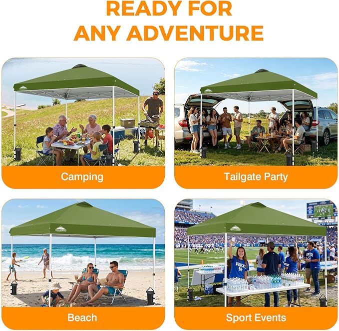 EAGLE PEAK Pop Up Canopy Tent with Wheeled Carry Bag, 8 Stakes, 4 Ropes, 4 Weight Bags, Easy Set Up Tent Canopy, 10x10 ft, 100sqft of Shade, Grass Green