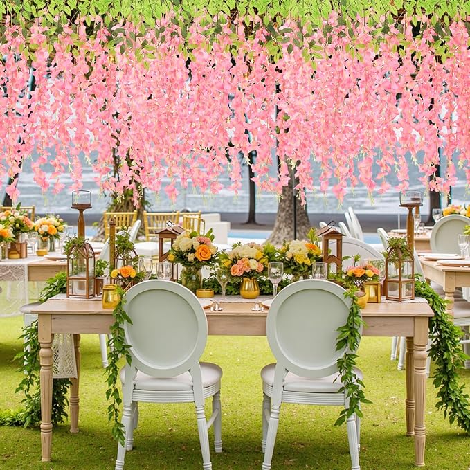 48Pcs Artificial Wisteria Hanging Flowers, 3.6Ft/Pcs Deep Pink Fake Wisteria Garland for Wedding Party Home Garden Indoor Outdoor Decoration