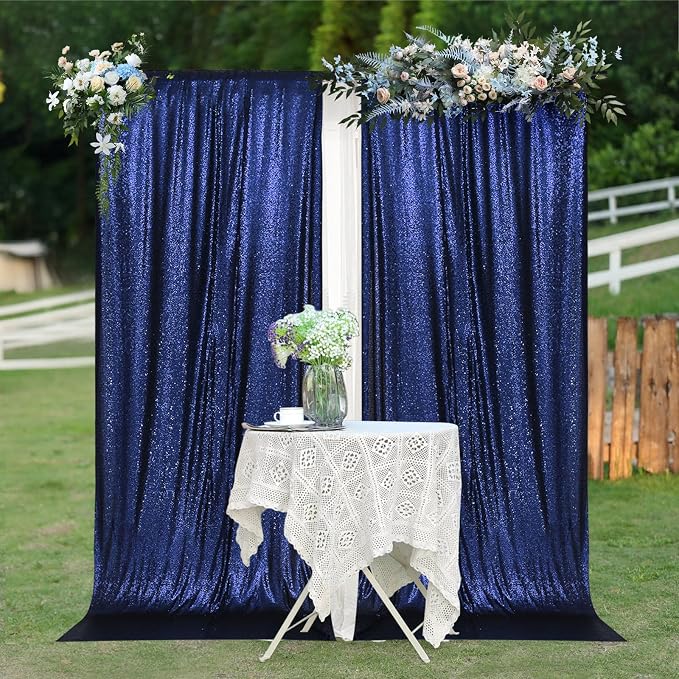 PartyDelight Navy Blue Sequin Backdrop Curtains 5x10ft 2 Panels | 3mm stitched sequin curtain with 4 inch rod pocket for 5x10ft wide reception wall head table stage backdrop and event display
