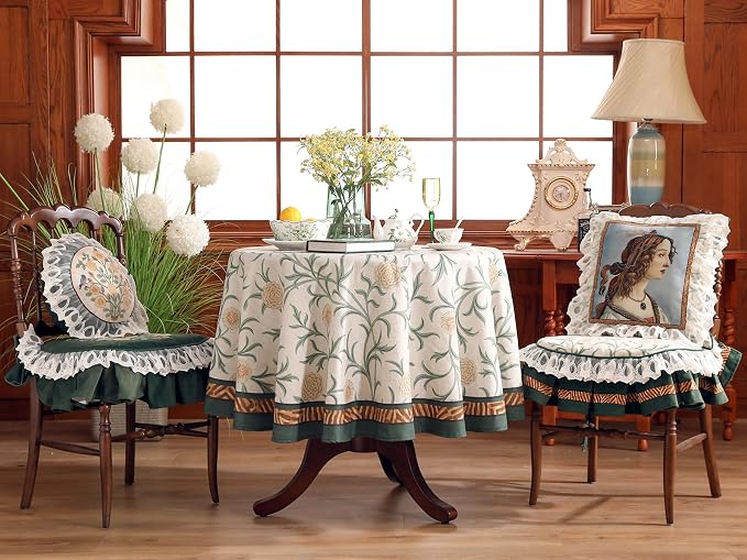 patdrea Vintage French Linen Tablecloth,Round,Diameter 67"-Botticelli | Elegant Table Cloth for Round Table,Sage Green Floral Vine Patterned,for Dining Room Tea Party Thanksgiving