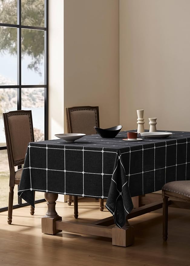 ZeeMart Grid Embroidered Hemmed Tablecloths, Charcoal 60x120 Inch, Farmhouse Style Heavy Weight Cotton Linen Dark Grey Tablecloths, Boho Plaid Water Resistant Rectangle Table Cloth