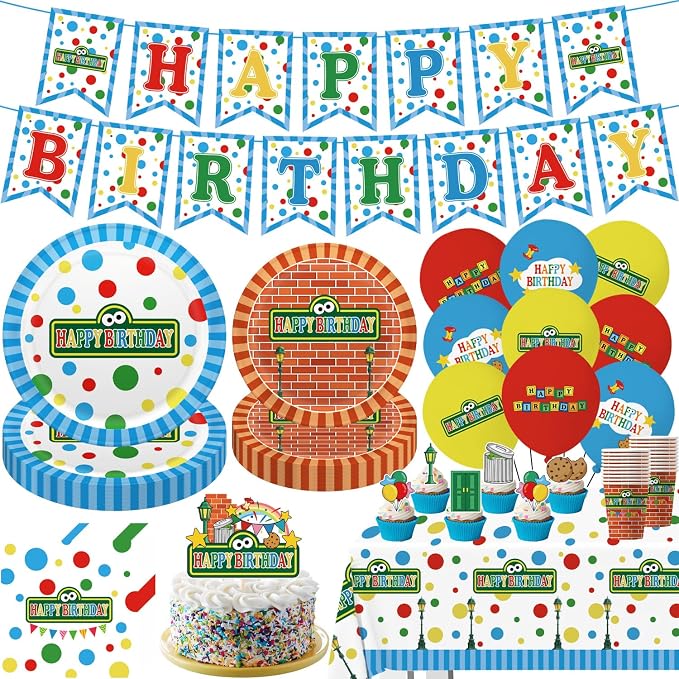 104pcs Birthday Party Decorations Cute Theme Tableware Set Include 9 Inches Plates, 7 Inches Plates, Happy Birthday Banner, Ballons, Napkins, Cups, Tablecloth, Cake Toppers and Cupcake Toppers
