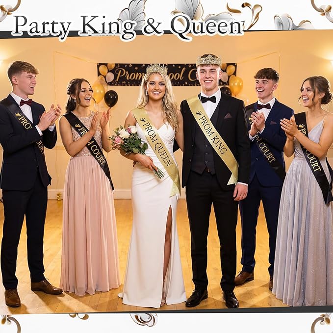 Retrowavy 12 Pcs Prom Crown and Sash Set, Prom King and Queen Tiara Rhinestone Crown Satin Sash for Graduation Party