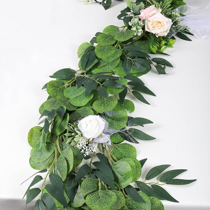 RECUTMS Artificial Eucalyptus Vine Garland with Willow Leaves 2Pcs 6Ft Fake Hanging Silk Greenery Faux Ivy Plant for Indoor Outdoor Home Wedding Arch Party Table Porch Summer Decor(Dark Green)