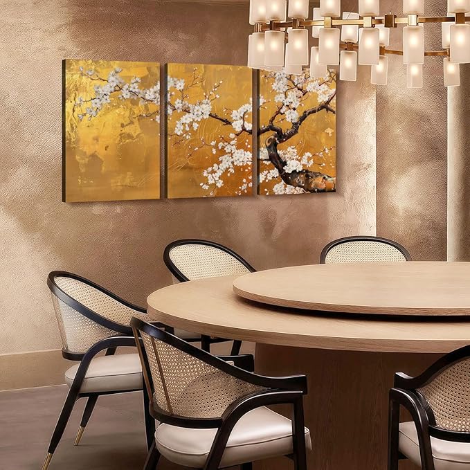 3 Pcs Framed Japanese Golden Plum Blossom Flower Wall Art Decor Canvas Print Picture Traditional Woodblock Print Style Farmhouse Poster Gallery Bedroom Living Room Office 12x16 Inch Ready to Hang