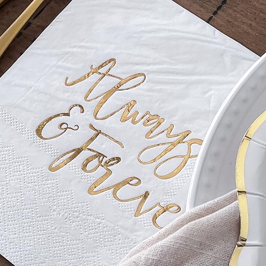 Kate Aspen Always & Forever Wedding Paper Plates and Napkins Set - 72 Piece Wedding Plates Disposable Party Tableware for 24 Guests - Bridal Shower Decorations, Engagement Party Decor
