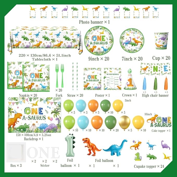 One a Saurus Birthday Decorations - 250Pcs Dinosaur Themed Party Supplies with Tableware Balloon Arch Garland Backdrop Banner Cake Topper,1st Birthday Decorations Boy