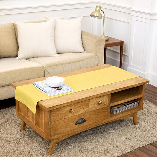 Solino Home Linen Short Table Runner 48 Inches - Athena, 100% Pure Linen Chambray Lemon Yellow Table Runner 14 x 48 Inch Ideal for Dresser and Coffee Tables, Spring, Summer, Mothers Day