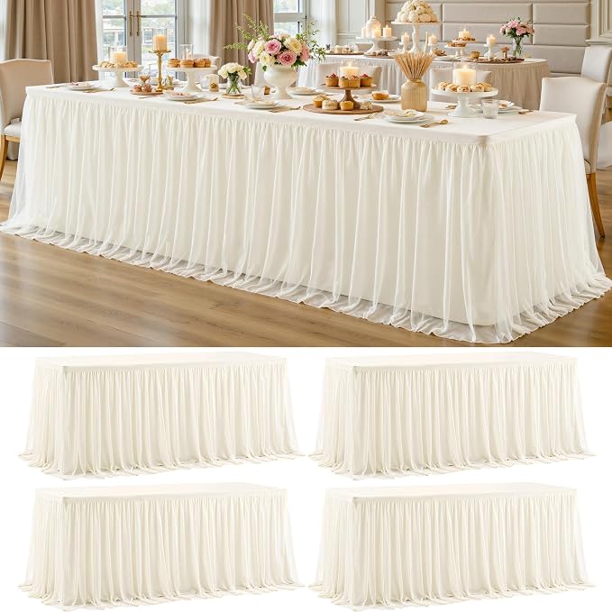 4 Pack Ivory Tablecloths for 8 Foot Rectangle Tables with Tulle Table Skirt Wedding Table Cover Stretchy Fitted Ruffle Tutu Tablecloth for Baby Shower Reception Birthday Parties Celebration Banquet