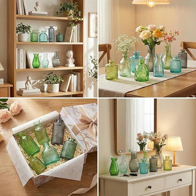 32 PCS Assorted Vintage Bud Vases, Colorful Glass Small Vases Bulk, for Centerpieces, Wedding Table Decor, Home Decorations & Gifts (Green Series)