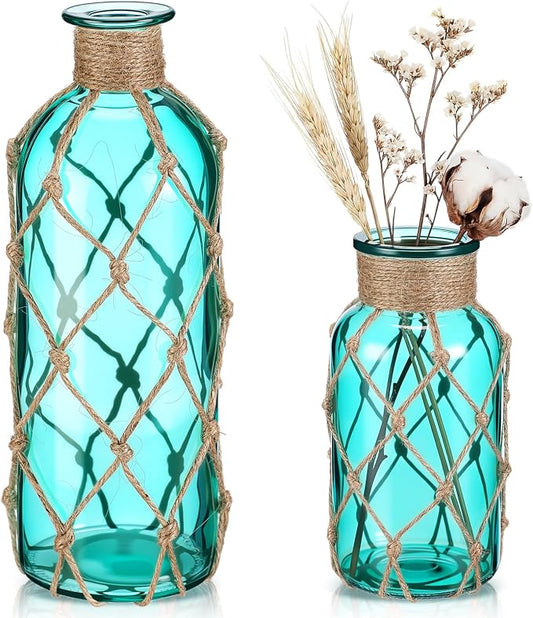 Chuangdi Set of 2 Coastal Glass Vases for Flowers TSITP Flower Vase with Boho Rope Small Sea Glass Jar Nautical Beach Bottle for Wedding Table Centerpieces Floral Arrangement Decor(Blue Green)