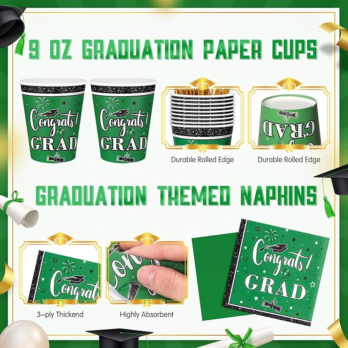 Domensi 400 Pcs 2026 Graduation Decorations Plates and Napkins and Cups Set Serve 50, Green and White Graduation Party Supplies, Class of 2026 Paper Tableware 9oz Cup Knife Fork Spoon Congrats Grad
