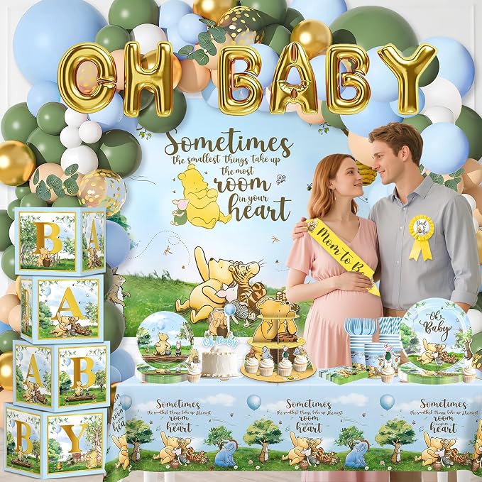Classic Bear Baby Shower Decorations Boy, Blue Baby Shower Decorations Balloons and Baby Boxes, Backdrop, Dinnerware Set, Cake Toppers with Stand, Mom to Be Sash, Baby Shower Decor