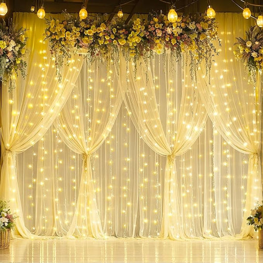6 Panels Champagne Sheer Tulle Backdrop Curtains with Lights String for Party Wedding Wrinkle Free Curtain Backdrops Drapes for Baby Shower Bridal Shower Photo Background Home Decorations 30ft x 8ft