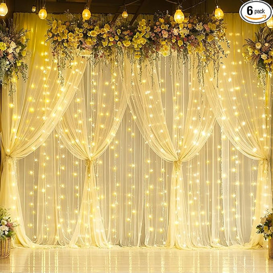 6 Panels Champagne Sheer Tulle Backdrop Curtains with Lights String for Party Wedding Wrinkle Free Curtain Backdrops Drapes for Baby Shower Bridal Shower Photo Background Home Decorations 30ft x 10ft