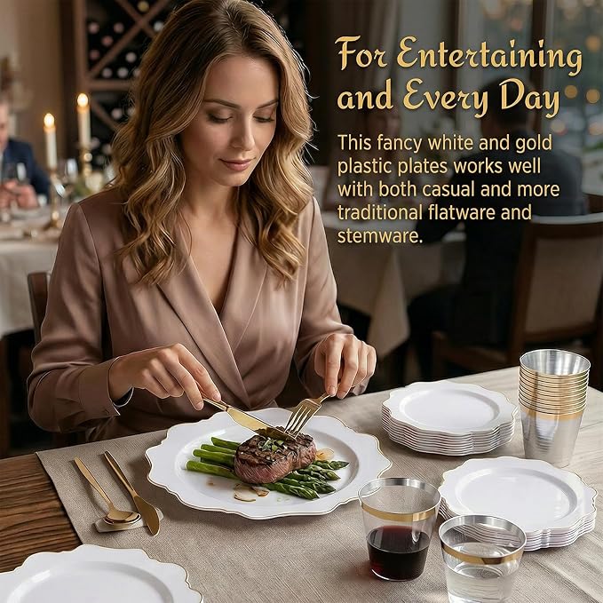 WDF 175Pcs Gold Plates Disposable - White and Gold Plastic Plates 25guest Plastic Dinnerware Ideal for Party/Wedding/First Communion/Spring