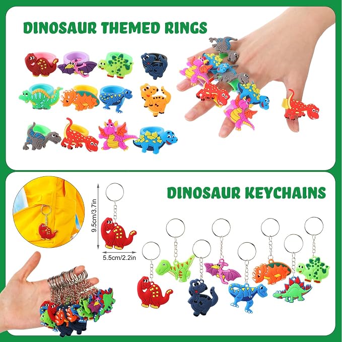 Hungdao 178 Pcs Dinosaur Birthday Party Favors for 16 Kids with Dinosaur Keychain Sticker Stamp Ring Slap Bracelet Tattoo Sticker Gift Bag Tag for Boys and Girls Party Carnival Gift Fillers