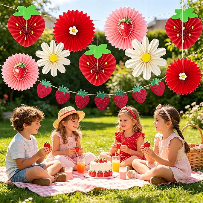 OBBOLO Strawberry Party Decorations, Strawberry and White Flower Paper Fans, with Strawberry Banner, for Berry First Birthday, Sweet 1st Birthday, Baby Shower, Strawberry Themed Birthday Hanging Decor