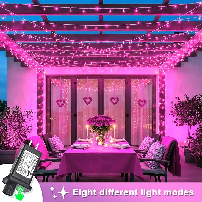 132 FT 400 LED Pink Christmas String Lights, Christmas Lights Outdoor with Waterproof 8 Modes, Plug in Clear Wire Twinkle Fairy Lights for Valentines Day Wedding Party Tree Holiday Decorations