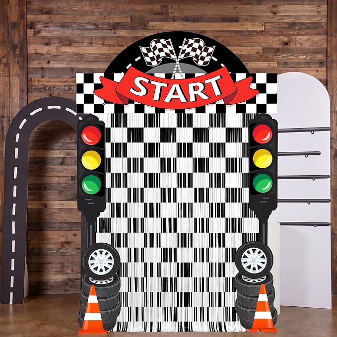 Peryiter 5 Pcs Race Car Birthday Party Decorations, Race Car Party Decorations Include Checkered Flag Arch Traffic Light Cutouts Tinsel Curtains Double-sided Tape for Racing Photo Booth Event Backdrop