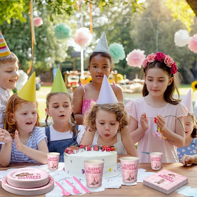 Yungyan 252 Pcs Pink Bow Cowgirl Birthday Party Tableware Set Included Plates Napkins Cups Forks Knives Cutlery for Party Decorations Supplies 36 Guests
