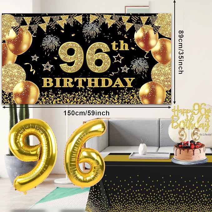 96th Birthday Decorations Men Women with 96th Birthday Banner, Black and Gold Table Cloth, Number Balloons, Large Sash, Cake Topper and Candles