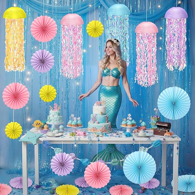 16 Pcs Hanging Jellyfish Paper Lantern Set Includes Jellyfish Lantern Paper Folding Fan Bubble for Mermaid Birthday Sea Ocean Theme Parties Classroom Decorations (Macaron Colors)