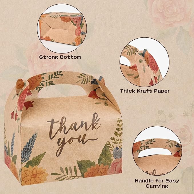DjinnGlory 36 Pack Brown Kraft Party Favor Treat Boxes for Wedding, Bridal Shower, Annivesary, Christmas and all Occasion, Floral Thank You Gable Boxes for Small Business 6.18x3.58x3.39 Inches