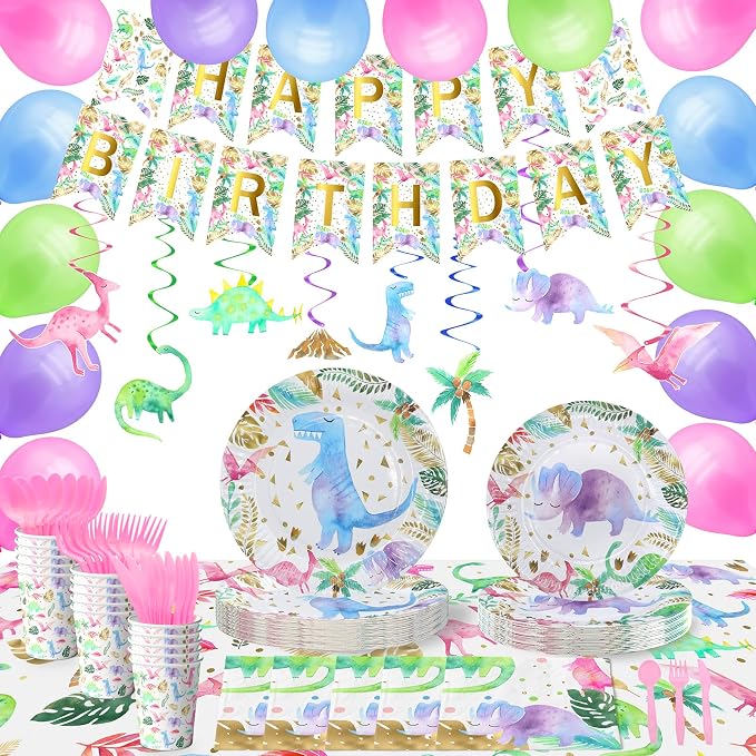 Watercolor Girl Dinosaur Party Supplies - Serves 20 - Pink Dino Birthday Party Decorations, Plates, Napkins, 2 Tablecloths, 16 Hanging Swirls, Balloons and Banner - Pastel Floral Girl Birthday
