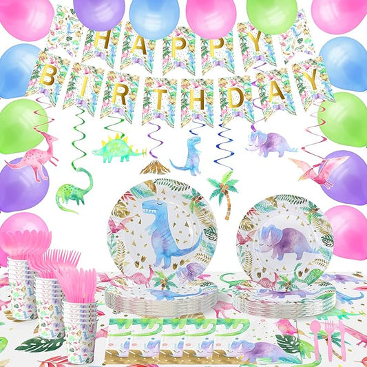 Watercolor Girl Dinosaur Party Supplies - Serves 20 - Pink Dino Birthday Party Decorations, Plates, Napkins, 2 Tablecloths, 16 Hanging Swirls, Balloons and Banner - Pastel Floral Girl Birthday