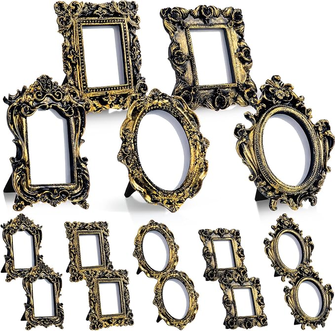Maitys 15 Pcs Mini Picture Vintage Frames with Stands Tiny Antique Photo Baroque Ornate Resin Oval Frame Table Top Display Home Wedding Decor (Black Gold)