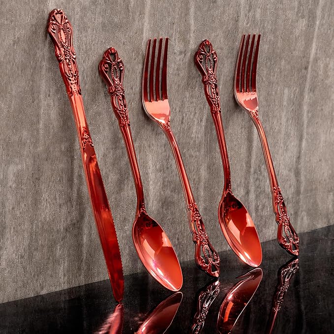 150PCS Red Plastic Silverware - Elegant Disposable Utensils - Heavy Duty Vintage Red Cutlery Sets Includes 50Forks, 50Spoons, 50Knives for Catering Dinner Party Wedding