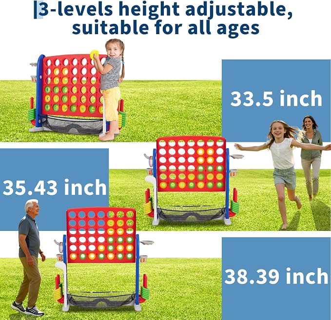 Giant 4-in-a-Row Game Set, Whale Design 4-in-1 with Basketball Hoop, Golf, Ring Toss, 42 Jumbo Rings, Adjustable Height, Quick-Release Catch Net - Outdoor Play for Kids & Adults