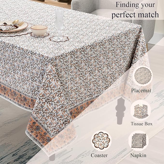 Ridhi Block Print Brown Meadow Vine Rectangle Cotton Tablecloth 140" x 72" Reusable Table Cover Decorative Everyday Use for Dining, Farmhouse, Home Gift for Spring, Easter, Valentine