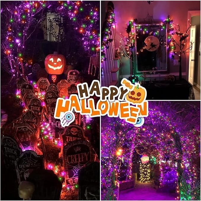 LAMPHOME 99ft Halloween Lights, 300 LED Transparent Wire Fairy Starry String Light Plug in, 16Lighting Modes for Indoor Outdoor Xmas Tree Wedding Party Decoration (Orange Purple Green)