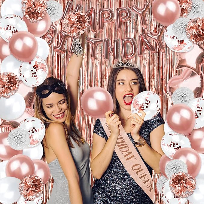 Guudmua 285 Pcs Rose Gold Party Decorations, Birthday Decorations For Women Or Girl - Knives, Forks and Spoons, Tiara, Butterfly, Sash, Paper Pom Poms, Balloon Stand, Tableware For 25 Guests