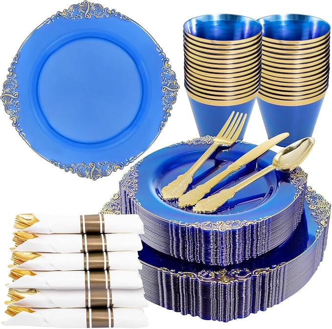 Nervure 175PCS Blue Plastic Plates - Disposable Blue Gold Party Plates & Pre Rolled Napkins with Cutlery for 25 Guests, 50Plates, 75Silverware, 25Cups, 25Napkin for Wedding & Party & Memorial Day
