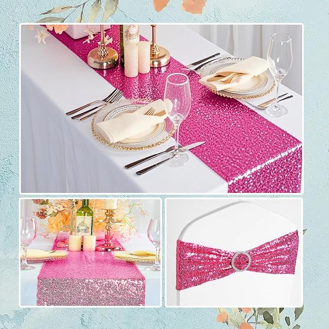 54 Pieces of Red Sequin Chair Ribbons and Table Runners, 48 Sequin Chair Bows, 6 Glitter Table Runners, Suitable for Wedding Parties Birthday Meeting Events Decorations (Rose Red)