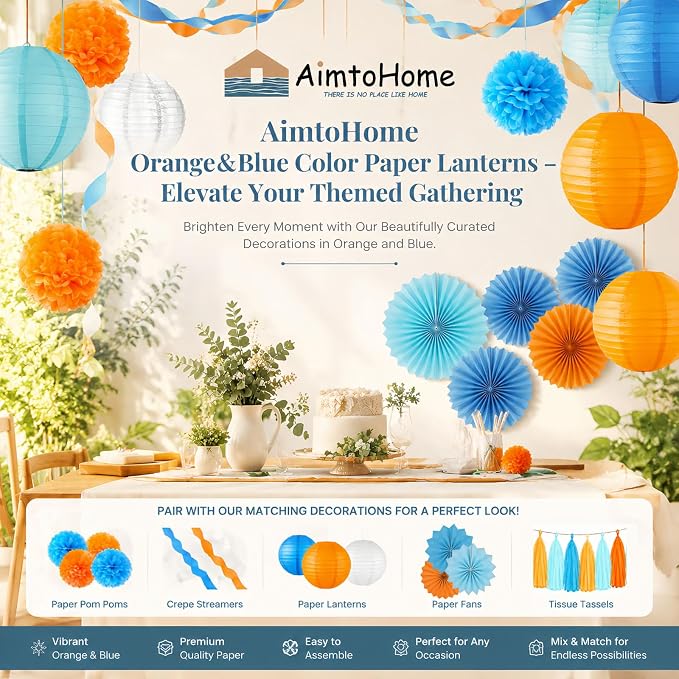 Blue & Orange Paper Lanterns Set (12 Pcs) - 6/8/10 Inch Hanging Lanterns for Cartoon Parties, Sports Events, Birthdays & Home Decor