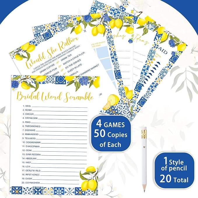 Silipull Bridal Shower Games Set for 50 Guests Includes Bingo, He Said She Said, Scramble, Would She Rather, Advice and Wishes Wedding Games Double Sided with Wooden Box, 20 Pencils (Lemon)