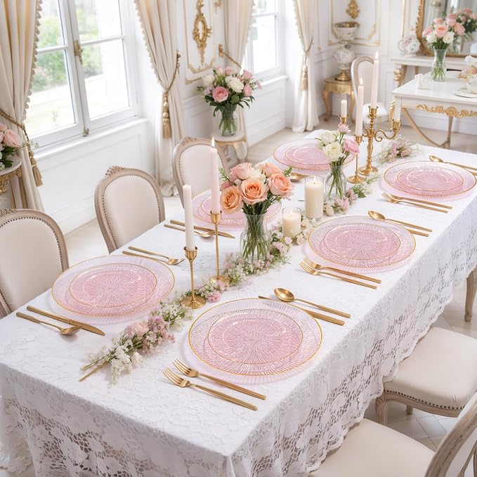 DaYammi 60Pcs Pink Plastic Plates with Gold Rimmed - Pink Disposable Plates Set Including 30pcs Dinner Plates,30pcs Dessert Plates with Radial Texture for Party & Wedding Bridal Shower