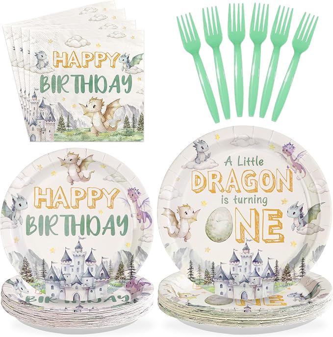 96Pcs Dragon 1st Birthday Party Decorations A Little Dragon is Turning One Plates and Napkins Cartoon Dinosaur Baby Shower Theme Tableware Sets for Kids 1st Birthday Party Supplies Serves 24